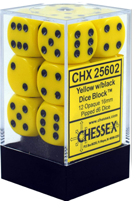 CHESSEX OPAQUE 16MM D6 WITH PIPS DICE BLOCKS (12 DICE) - YELLOW W/BLACK